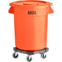 Lavex Orange Round High Visibility Commercial Trash Can with Lid and Dolly