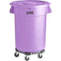 Lavex Janitorial 32 Gallon Purple Round Commercial Trash Can with Lid and Dolly