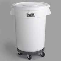 Lavex Janitorial 32 Gallon White Round Commercial Trash Can with Lid and Dolly