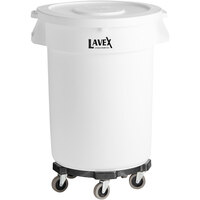 Lavex Janitorial 32 Gallon White Round Commercial Trash Can with Lid and Dolly