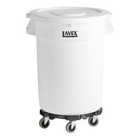 Lavex White Round Commercial Trash Can with Lid and Dolly