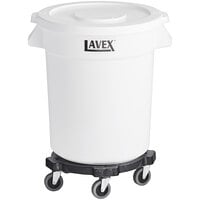 Lavex White Round Commercial Trash Can with Lid and Dolly