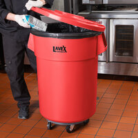 Lavex Janitorial 55 Gallon Red Round Commercial Trash Can with Lid and Dolly