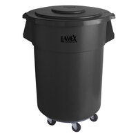 Lavex Janitorial 55 Gallon Black Round Commercial Trash Can with Lid and Dolly