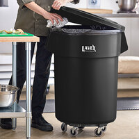 Lavex Janitorial 55 Gallon Black Round Commercial Trash Can with Lid and Dolly