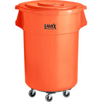 Lavex Janitorial 55 Gallon Orange Round High Visibility Commercial Trash Can with Lid and Dolly