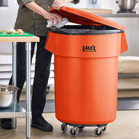 Lavex Janitorial 55 Gallon Orange Round High Visibility Commercial Trash Can with Lid and Dolly