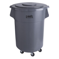 Lavex Janitorial 55 Gallon Gray Round Commercial Trash Can with Lid and Dolly