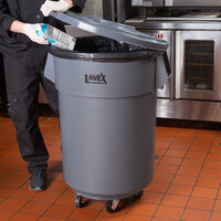 Lavex Janitorial 55 Gallon Gray Round Commercial Trash Can with Lid and Dolly