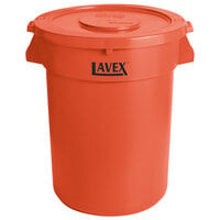 Lavex 32 Gallon Orange Round High Visibility Commercial Trash Can and Lid