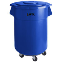 Lavex Janitorial 55 Gallon Blue Round Commercial Trash Can with Lid and Dolly