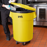 Lavex Janitorial 55 Gallon Yellow Round Commercial Trash Can with Lid and Dolly