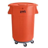 Lavex Janitorial 44 Gallon Orange Round High Visibility Commercial Trash Can with Lid and Dolly