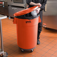 Lavex Janitorial 44 Gallon Orange Round High Visibility Commercial Trash Can with Lid and Dolly