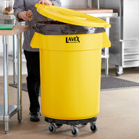 Lavex Janitorial 44 Gallon Yellow Round Commercial Trash Can with Lid and Dolly