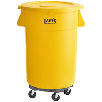 Lavex Janitorial 44 Gallon Yellow Round Commercial Trash Can with Lid and Dolly