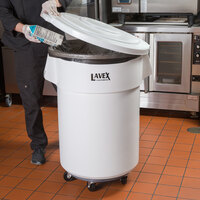 Lavex Janitorial 55 Gallon White Round Commercial Trash Can with Lid and Dolly