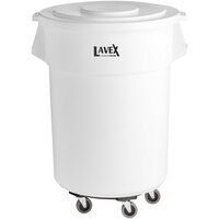 Lavex Janitorial 55 Gallon White Round Commercial Trash Can with Lid and Dolly