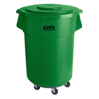Lavex Janitorial 55 Gallon Green Round Commercial Trash Can with Lid and Dolly