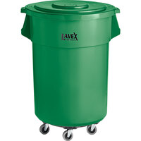 Lavex Janitorial 55 Gallon Green Round Commercial Trash Can with Lid and Dolly