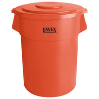 Lavex 55 Gallon Orange Round High Visibility Commercial Trash Can and Lid