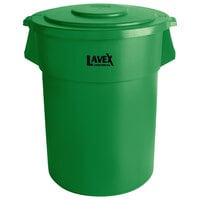 Lavex Janitorial 55 Gallon Green Round Commercial Trash Can and Lid