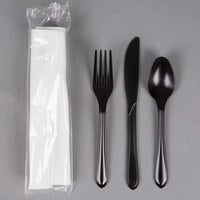 Hoffmaster 119999 Pre-Rolled and Individually Wrapped 17 inch x 17 inch Linen-Like White Napkin and Black Heavy Weight Plastic Cutlery Set - 100/Case