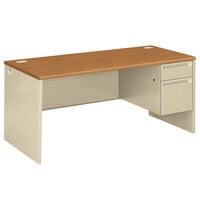 HON 38291RCL 38000 Series 66" x 30" x 29 1/2" Harvest / Putty Laminate Right 3/4 Height Single Pedestal Desk