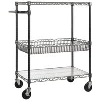 Alera ALESW543018BA Black Anthracite Three Shelf Mobile Wire Cart with Basket - 34 inch x 18 inch x 40 inch