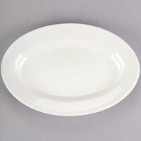 Choice 9 3/8" x 6 1/2" Ivory (American White) Wide Rim Rolled Edge Oval Stoneware Platter - 24/Case