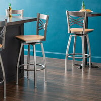 Lancaster Table & Seating Cross Back Bar Height Clear Coat Swivel Chair with Natural Wood Seat