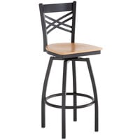 Lancaster Table & Seating Black Finish Cross Back Swivel Bar Stool with Natural Wood Seat