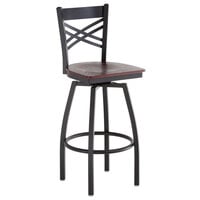 Lancaster Table & Seating Cross Back Bar Height Black Swivel Chair with Mahogany Wood Seat