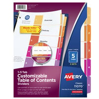 Avery® 11070 Ready Index 5-Tab Multi-Color Paper Printable Customizable Table of Contents Divider Set - 3/Pack