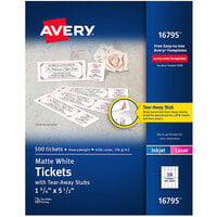 Avery® 16795 1 3/4 inch x 5 1/2 inch Matte White Printable Ticket with Tear-Away Stub - 500/Pack