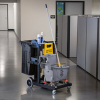 Lavex Janitorial Black Cleaning / Janitor Cart Kit with Gray Mop Bucket, Wet Floor Sign, Mop, and Caddy