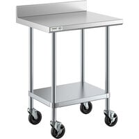 Regency 24 inch x 30 inch 18-Gauge 304 Stainless Steel Commercial Work Table with 4 inch Backsplash, Galvanized Legs, Undershelf, and Casters
