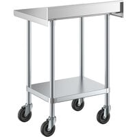 Regency 24 inch x 30 inch 18-Gauge 304 Stainless Steel Commercial Work Table with 4 inch Backsplash, Galvanized Legs, Undershelf, and Casters
