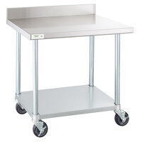 Regency 24 inch x 36 inch 18-Gauge 304 Stainless Steel Commercial Work Table with 4 inch Backsplash, Galvanized Legs, Undershelf, and Casters