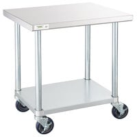 Regency 24 inch x 30 inch 18-Gauge 304 Stainless Steel Commercial Work Table with Galvanized Legs, Undershelf, and Casters
