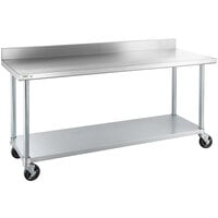 Regency 24 inch x 72 inch 18-Gauge 304 Stainless Steel Commercial Work Table with 4 inch Backsplash, Galvanized Legs, Undershelf, and Casters