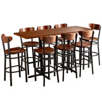 Lancaster Table & Seating 30" x 72" Antique Walnut Solid Wood Live Edge Bar Height Table with 8 Boomerang Chairs