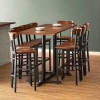 Lancaster Table & Seating 30 inch x 72 inch Antique Walnut Solid Wood Live Edge Bar Height Table with 8 Boomerang Chairs