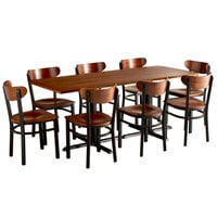 Lancaster Table & Seating 30" x 72" Antique Walnut Solid Wood Live Edge Dining Height Table with 8 Boomerang Chairs