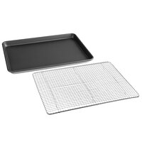 Half Size 18 Gauge Non-Stick 18 inch x 13 inch Wire in Rim Aluminum Sheet Pan with Half-Size 12 inch x 16 inch Footed Cooling Rack