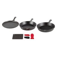 Lodge 7-Piece Essential Pre-Seasoned Cast Iron Skillet Set - Includes 10 1/4 inch Skillet, 10 1/4 inch Grill Pan, 10 1/2 inch Griddle, Silicone Handle Holder, Silicone Trivet, and Two Pan Scrapers