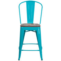 Flash Furniture ET-3534-24-CB-WD-GG 24 inch Crystal Teal-Blue Metal Counter Height Stool with Vertical Slat Back and Wood Seat