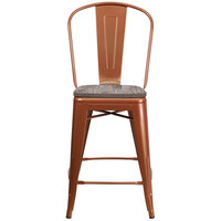 Flash Furniture ET-3534-24-POC-WD-GG 24 inch Copper Metal Counter Height Stool with Vertical Slat Back and Wood Seat