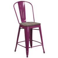Flash Furniture ET-3534-24-PUR-WD-GG 24 inch Purple Metal Counter Height Stool with Vertical Slat Back and Wood Seat