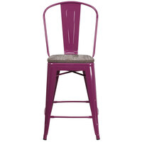 Flash Furniture ET-3534-24-PUR-WD-GG 24 inch Purple Metal Counter Height Stool with Vertical Slat Back and Wood Seat